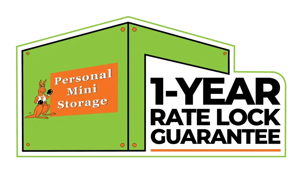 Animated image of a Personal Mini Storage facility with "1-Year Rate Lock Guarantee" messaging.